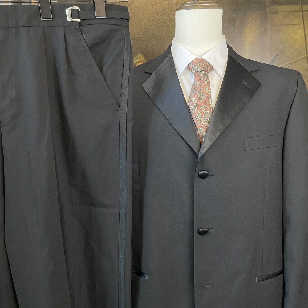 Paul Morrell 43R 44R 34 x 28 2Pc 100% Wool Black Adjustable‎ Pants 3Btn Tuxedo